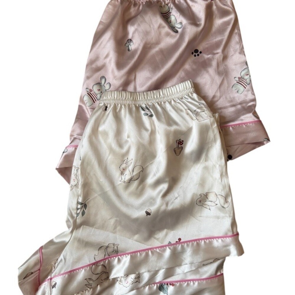 TWO PEICE Womens Pajama Set Size M Pink Ivory Bunny Print Pants 2pc